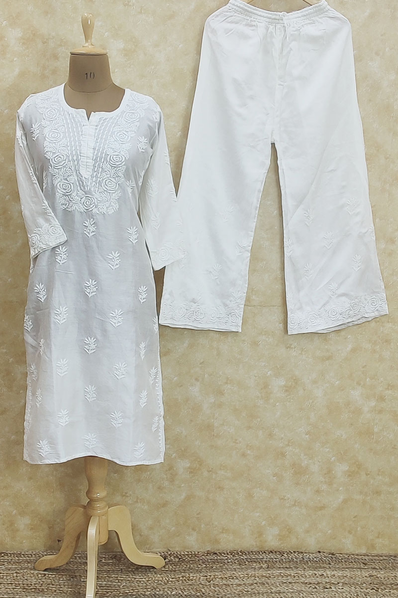 White  Colour Muslin Cotton Hand Embroidered Lucknowi Chikankari Kurta Bottom Set MC252037